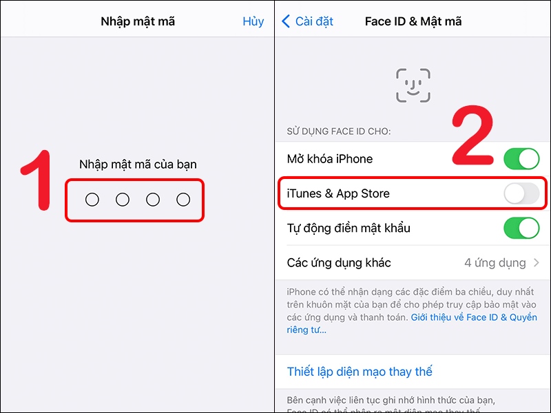 Cách tắt Touch ID/ Face ID khi dùng App Store bước 2