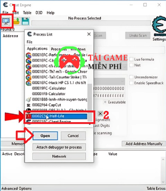 Mở file game Half Life bên trong phần mềm Cheat Engine