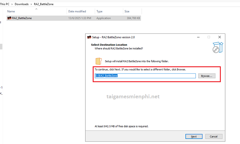 Lưu tại C:\RA2_BattleZone > Next