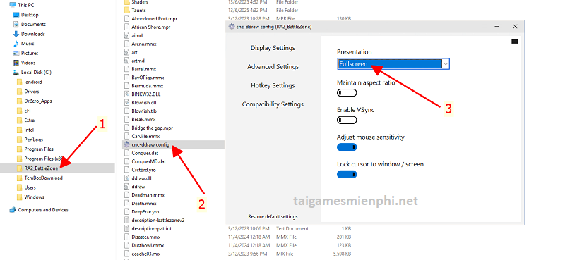 Mở file cnc-ddraw config > Fullscreen