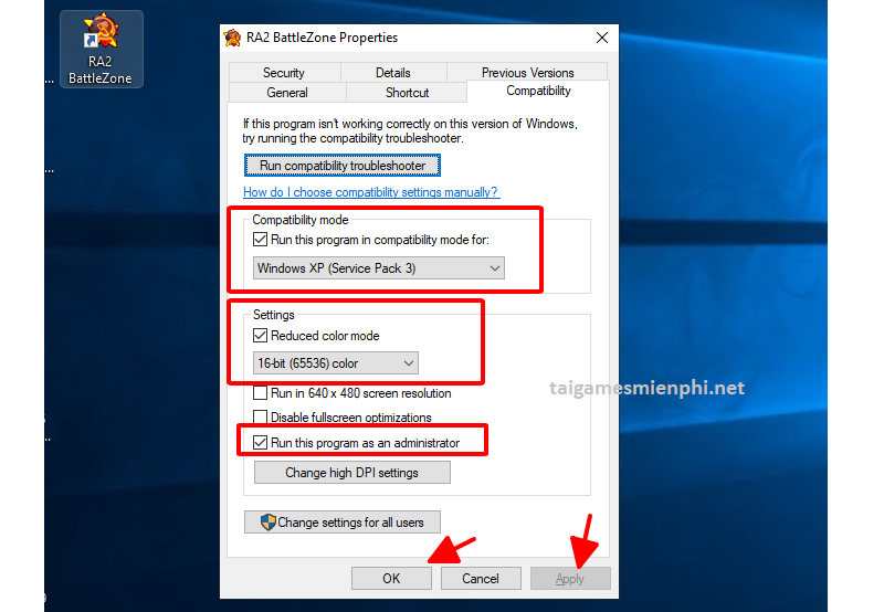 Thiết lập chế độ tương thích với game