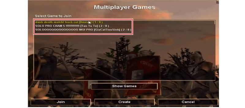 Chọn phòng chơi bằng Show Games hoặc Create